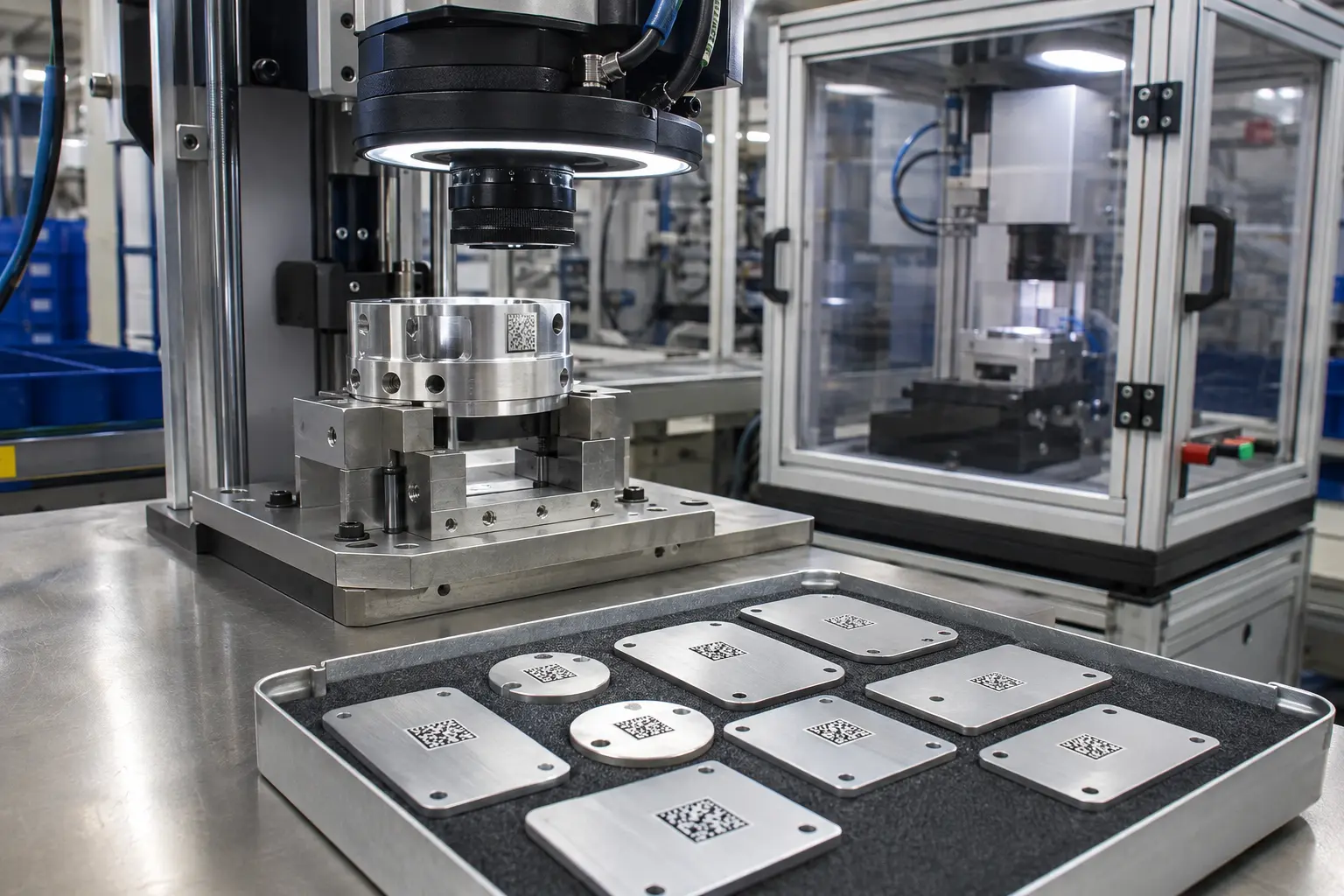 Industrial metal nameplates and tags being permanently marked in production