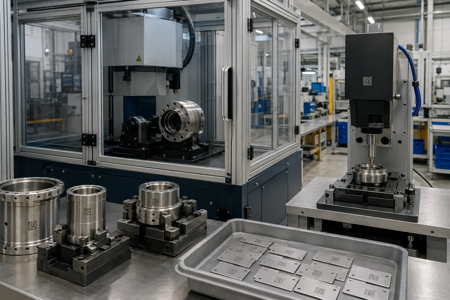 Guarded fibre laser marking cell producing permanent identification on metal components