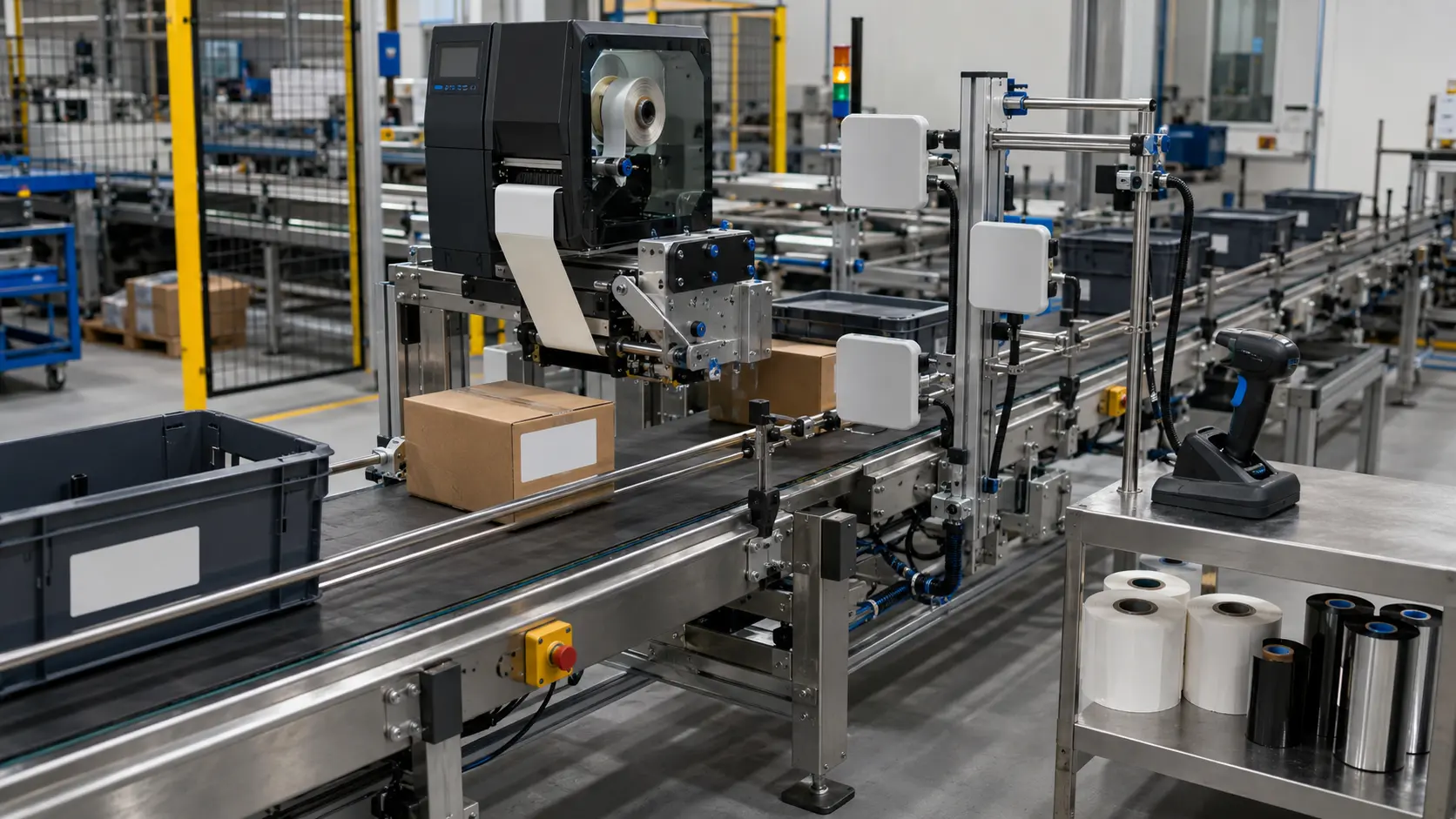 Industrial label printer-encoder applying identification labels on a production line