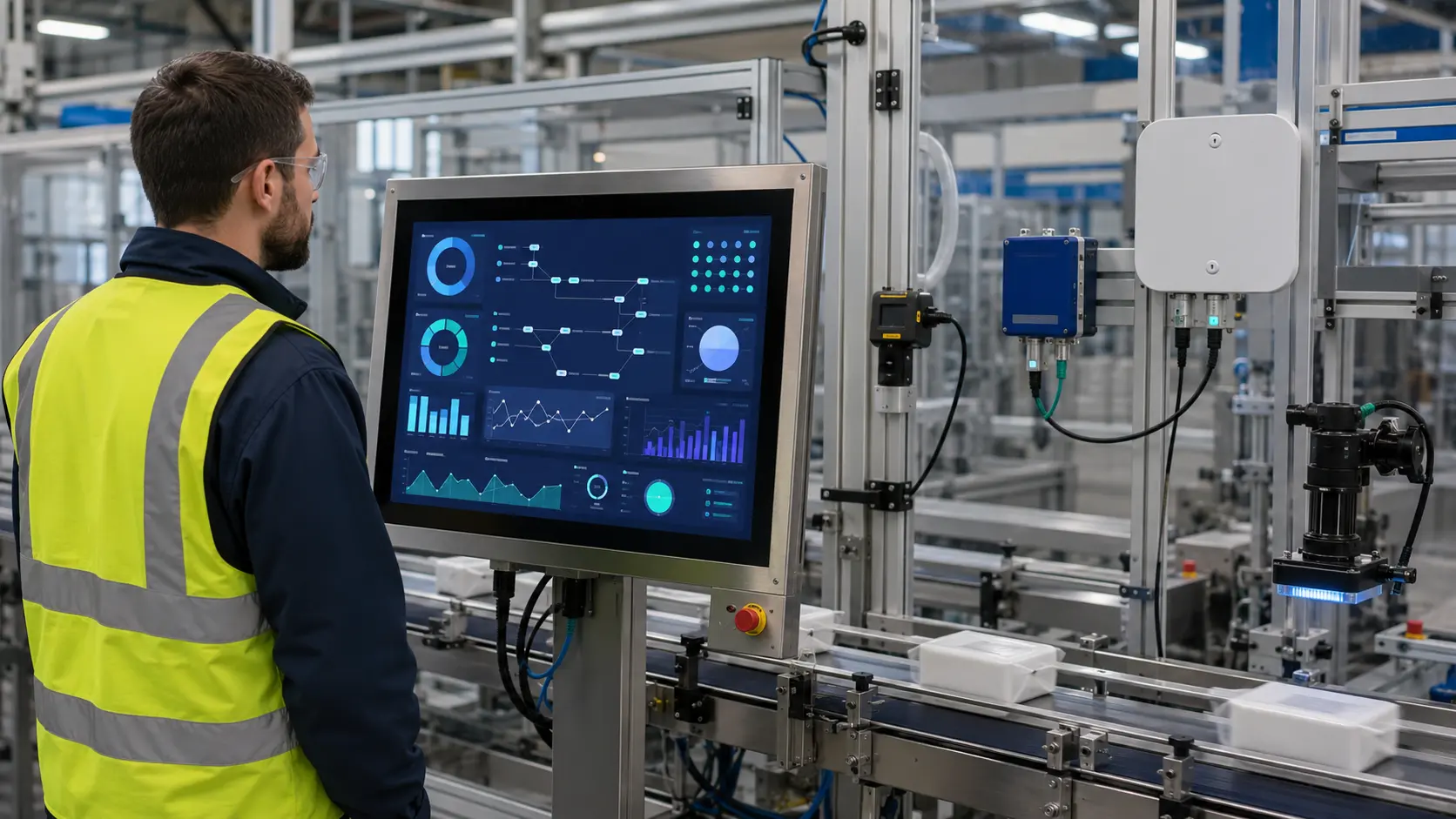Engineer reviewing industrial traceability data alongside a connected production line